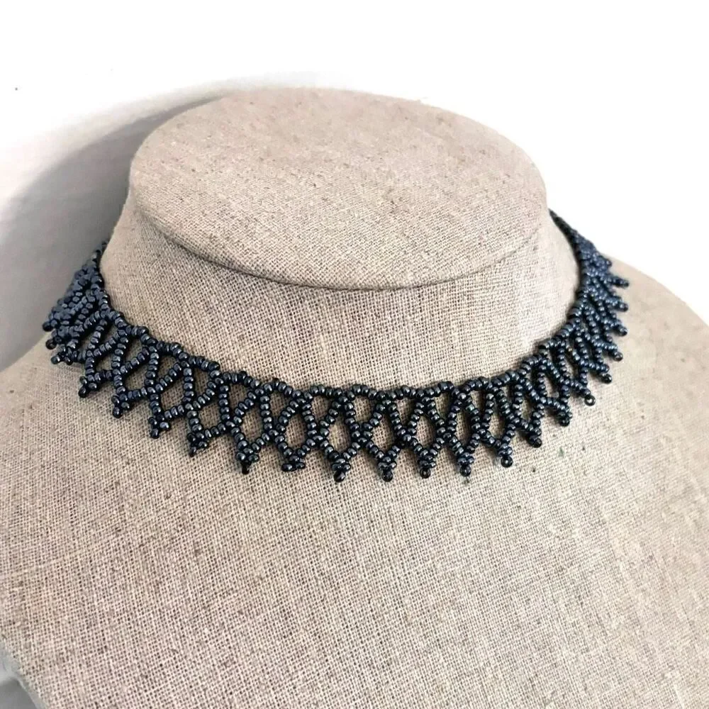 Antique Netted Seed Beads Collar Choker Toggle Statement Fashion Necklace Black